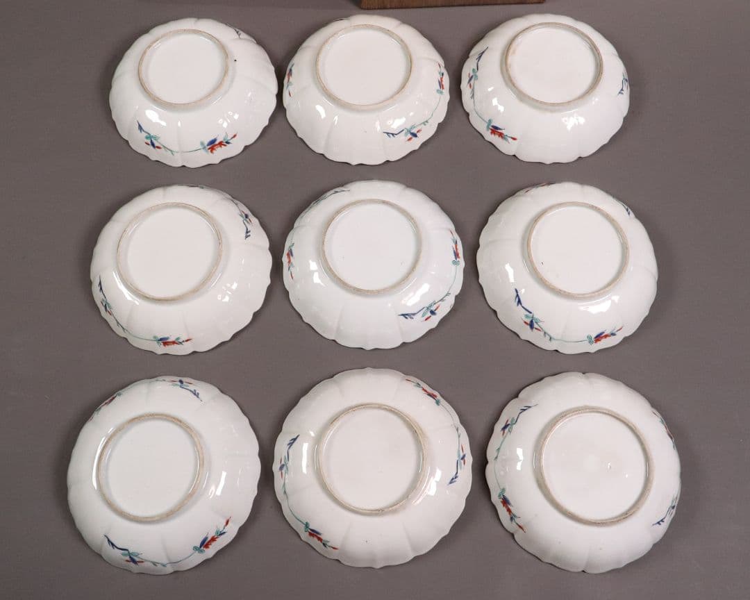 時代 柿右衛門様式 古伊万里 花鳥 輪花色絵皿九客 なます皿 向付 MA318