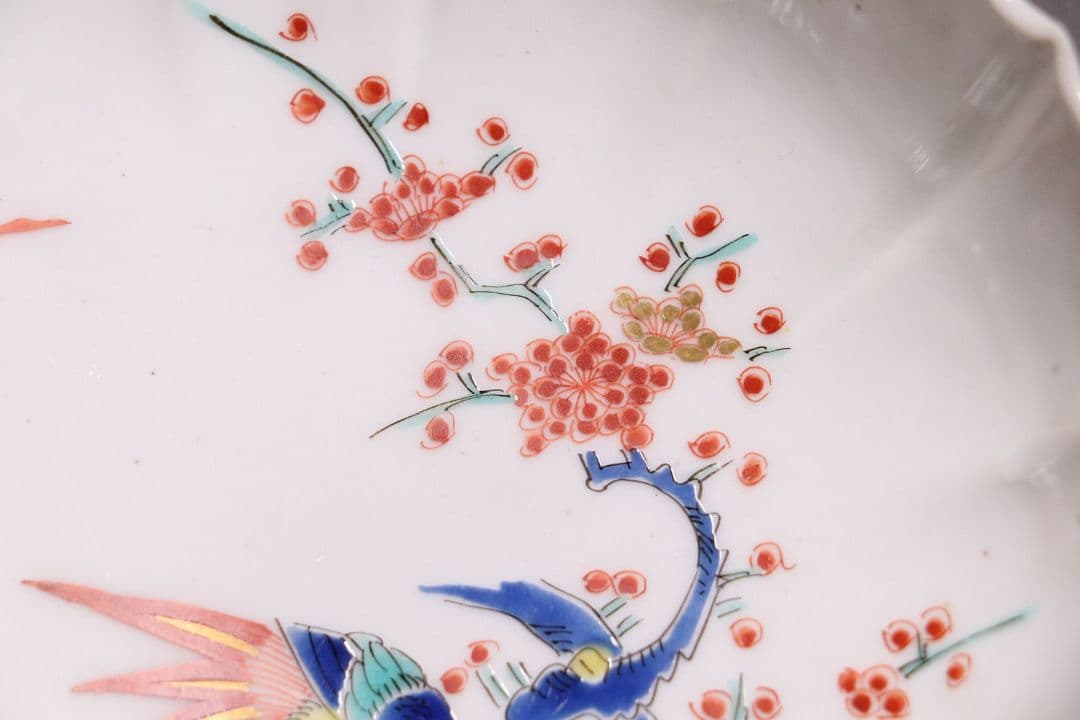時代 柿右衛門様式 古伊万里 花鳥 輪花色絵皿九客 なます皿 向付 MA318