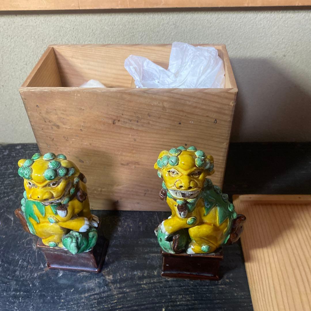 中国古玩　唐獅子一対【桐箱付】