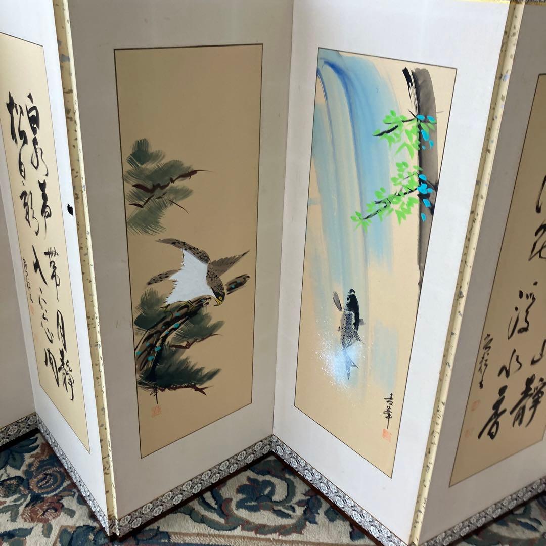 昭和レトロ 御堂 御肉筆屏風 吉峯 日本画 書 6枚 パーテーション 衝立