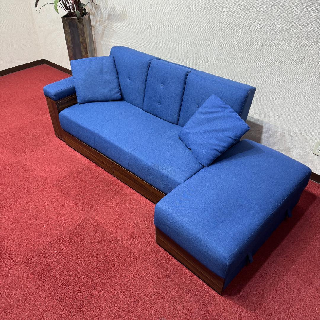 東京23区送料無料 美品モダンデコ二人掛けソファー／ベッド　収納有ネイビーブルー