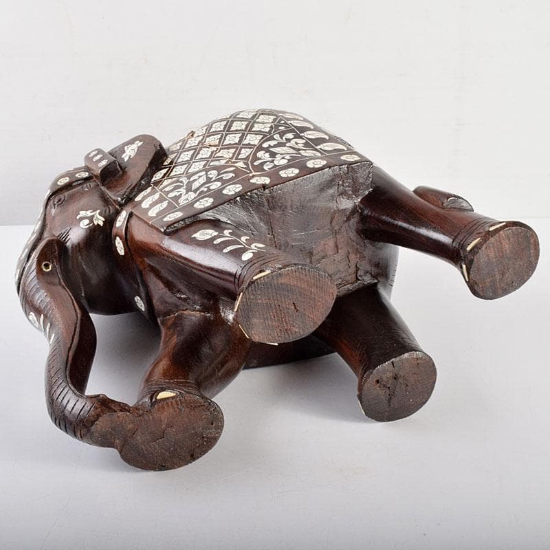中国　唐木紫壇製　獣骨象嵌装飾　インド象　置物　V　R4905B