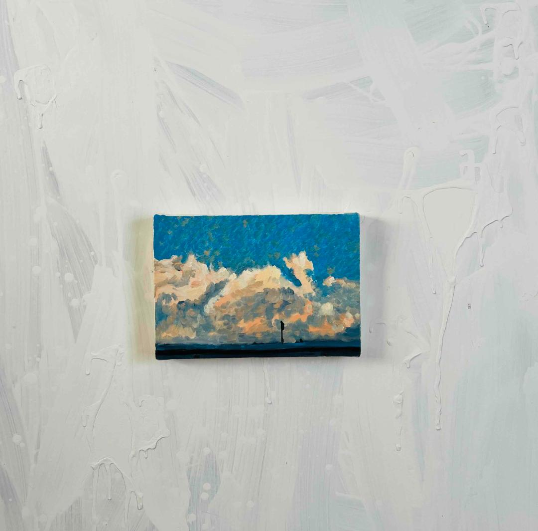 原画　油彩画「近所の風景　高速と空」絵画・サムホールサイズ（16×23㎝）