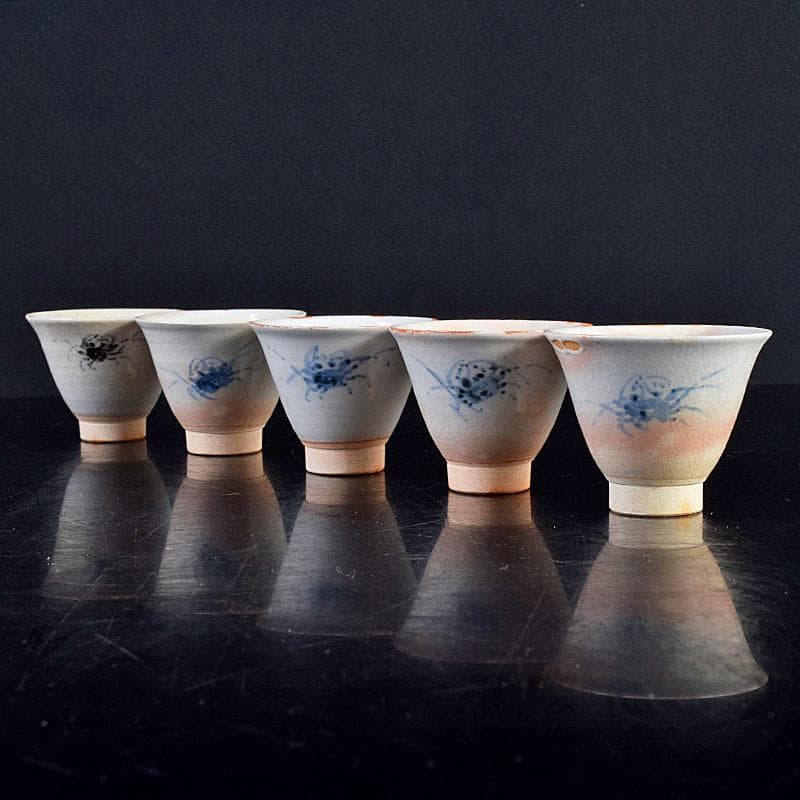 煎茶道具　虫明焼　蟹文　煎茶碗　五客　箱蓋無し　V　R8756