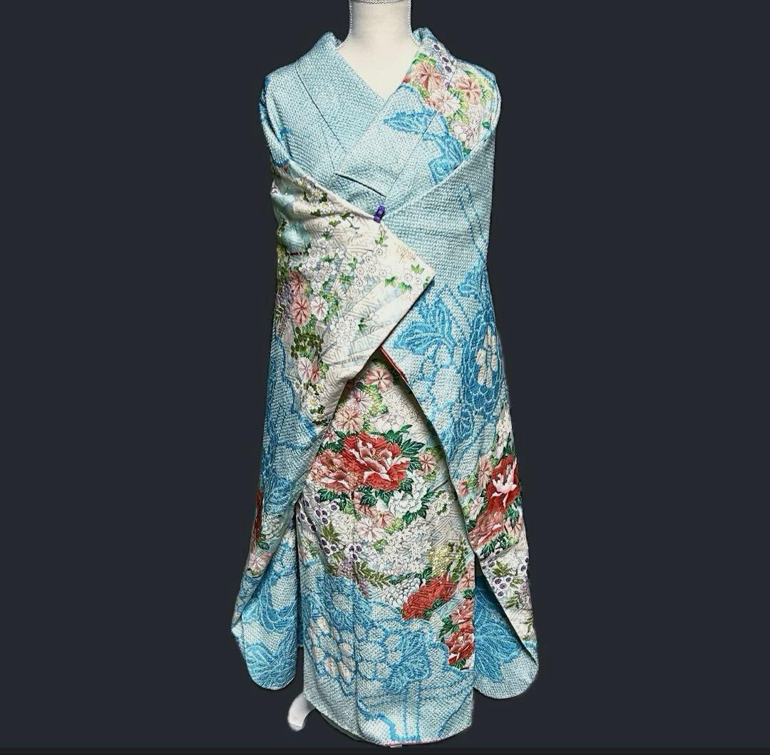 最高級　絞りと刺繍　水色 　オレンジ系花柄 　金駒刺繡　金糸　振袖 着物