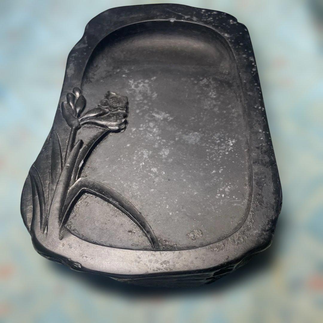 アンティークコレクション　石稽刀　石製 花彫刻 楕円形硯