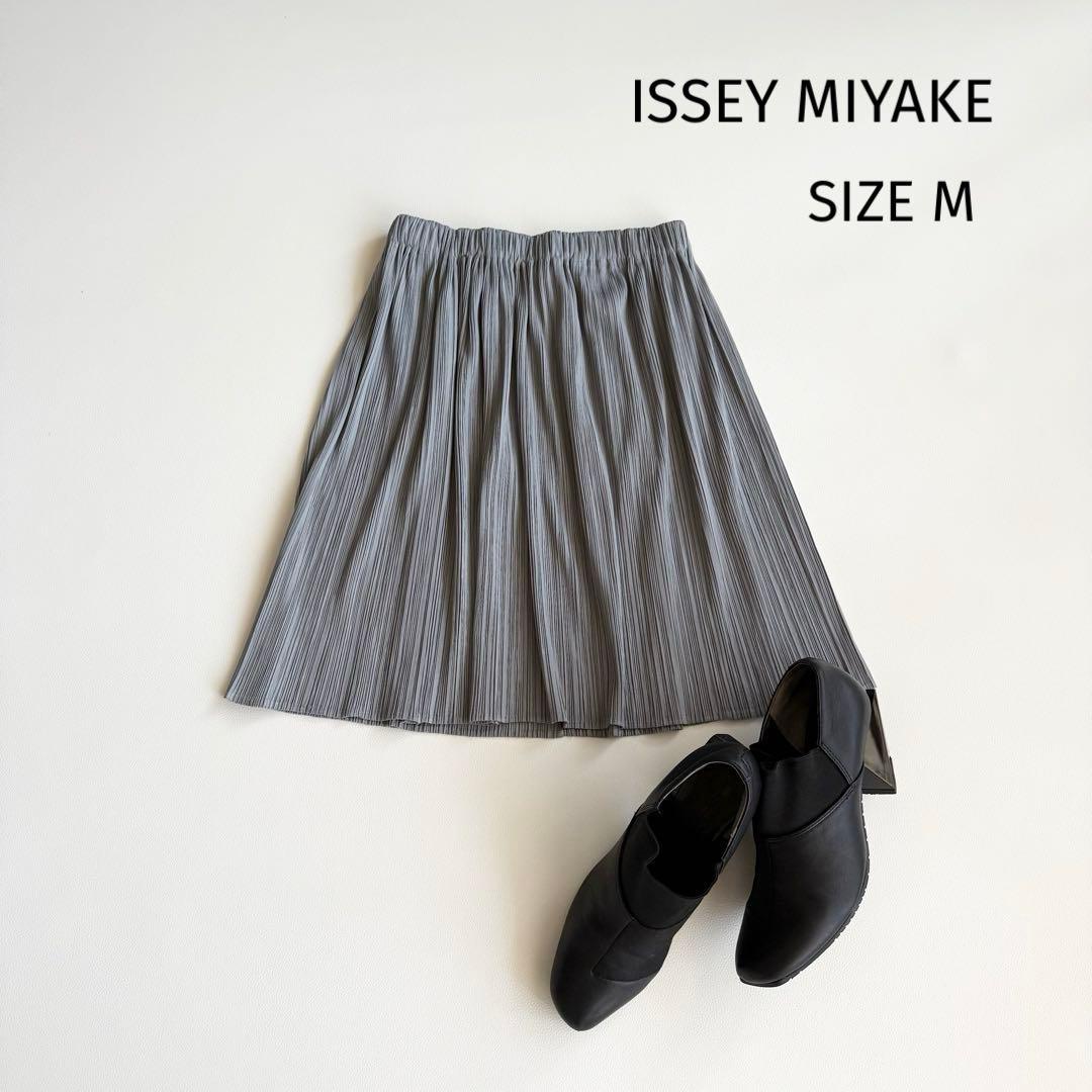 【イッセイミヤケ】プリーツスカート グレー ストライプ ひざ丈 M 日本製