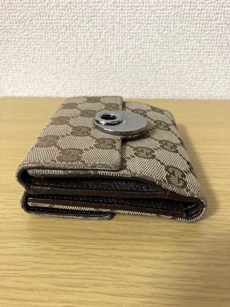【良品】GUCCI 二つ折り財布 GGキャンパス×レザー　ベージュ/ブラウン