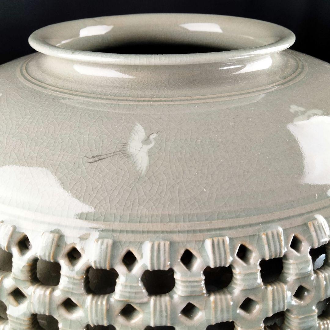 Y913 個展図録品 韓国人間文化財 青坡窯 李段九 高麗青磁二重透彫丸壷