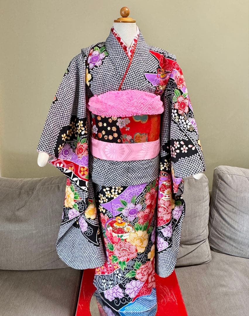 七五三着物帯セット　7歳　黒系　絞り柄