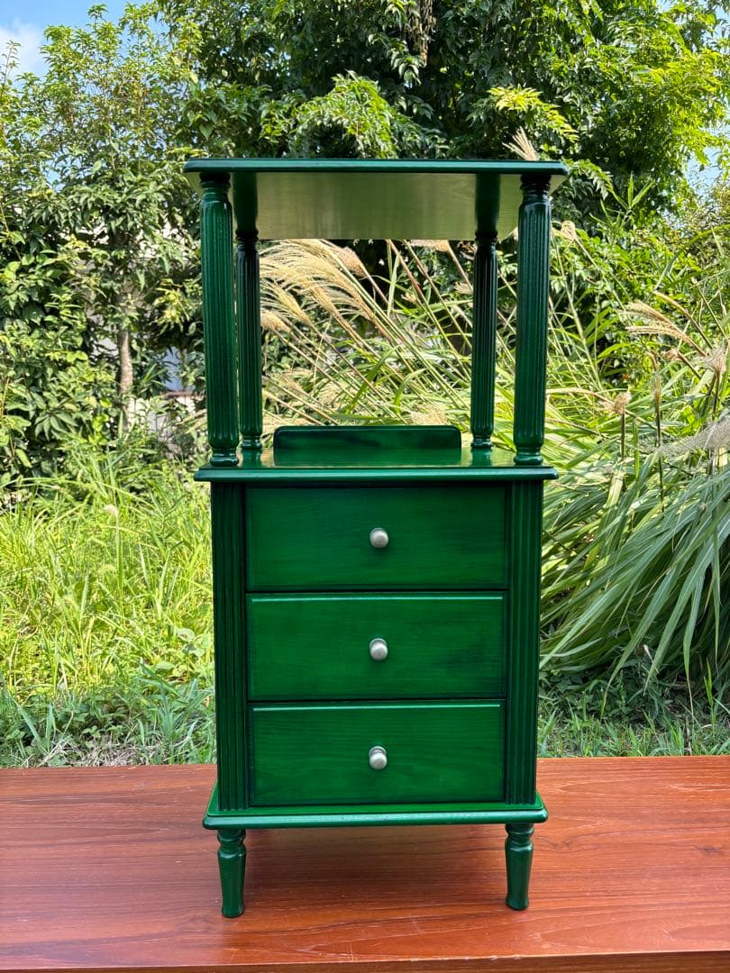 昭和レトロ　グリーンの木製電話台・ファックス台　飾り棚　花台