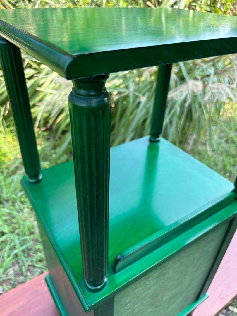 昭和レトロ　グリーンの木製電話台・ファックス台　飾り棚　花台