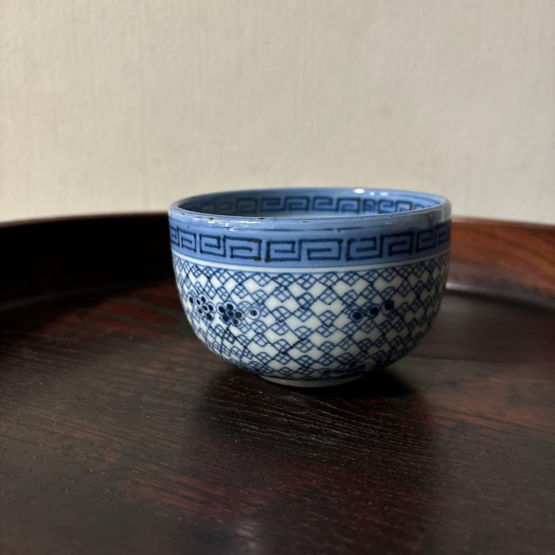 古伊万里幾何学紋染付　湯呑み1点　ころ茶碗　江戸時代　アンティーク　白磁　検李朝