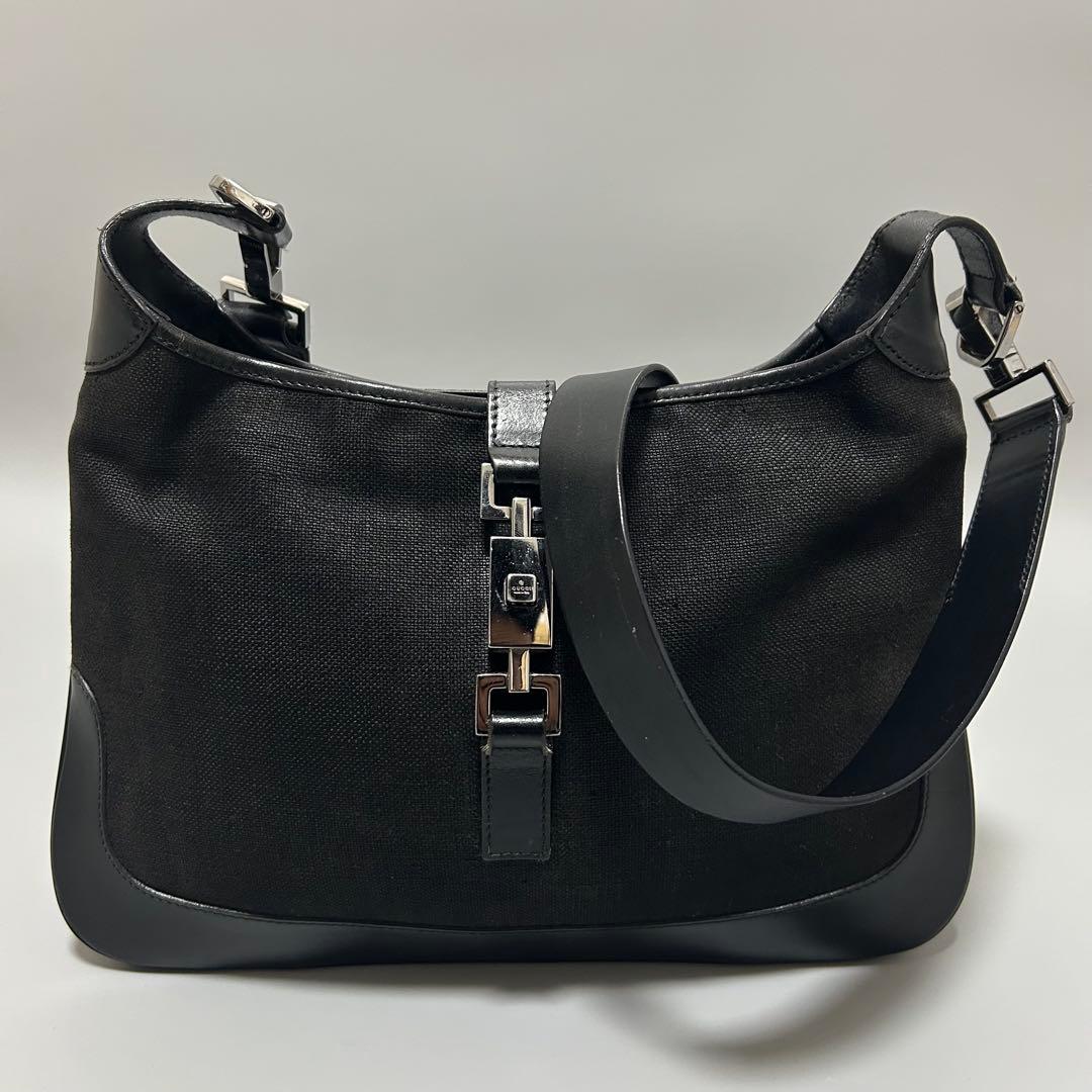 GUCCI グッチ ジャッキー レザー キャンバス ショルダーバッグ ブラック