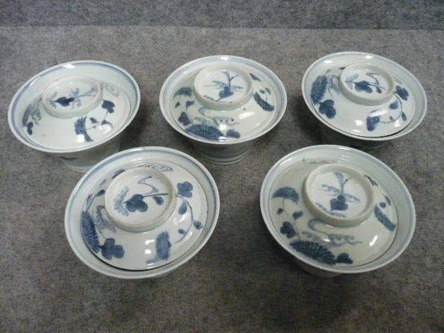 古伊万里 花に蝶図 染付 蓋茶碗 5個 [B31360]