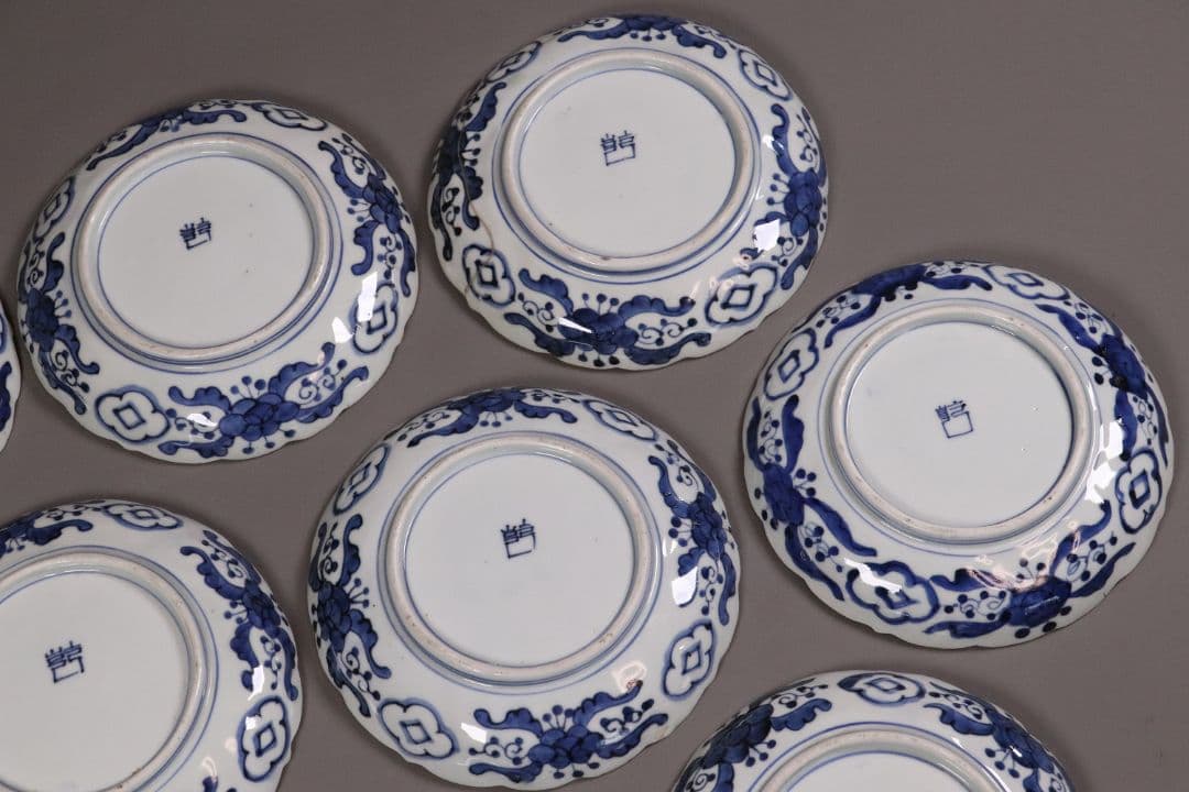 江戸 古伊万里 染付なます皿 十客 18cm 菊花浮文 鹿の子 中皿 MA167