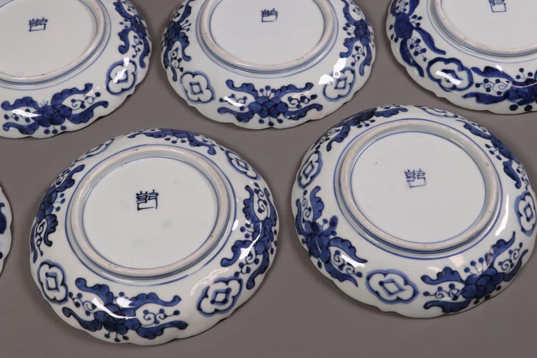 江戸 古伊万里 染付なます皿 十客 18cm 菊花浮文 鹿の子 中皿 MA167