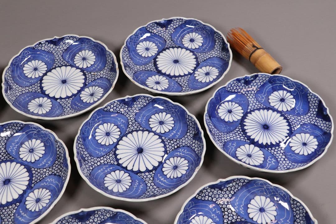 江戸 古伊万里 染付なます皿 十客 18cm 菊花浮文 鹿の子 中皿 MA167