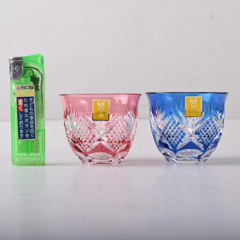 伝統工芸　江戸切子　カガミクリスタル　懐石杯　盃　一對　共箱　V　7506