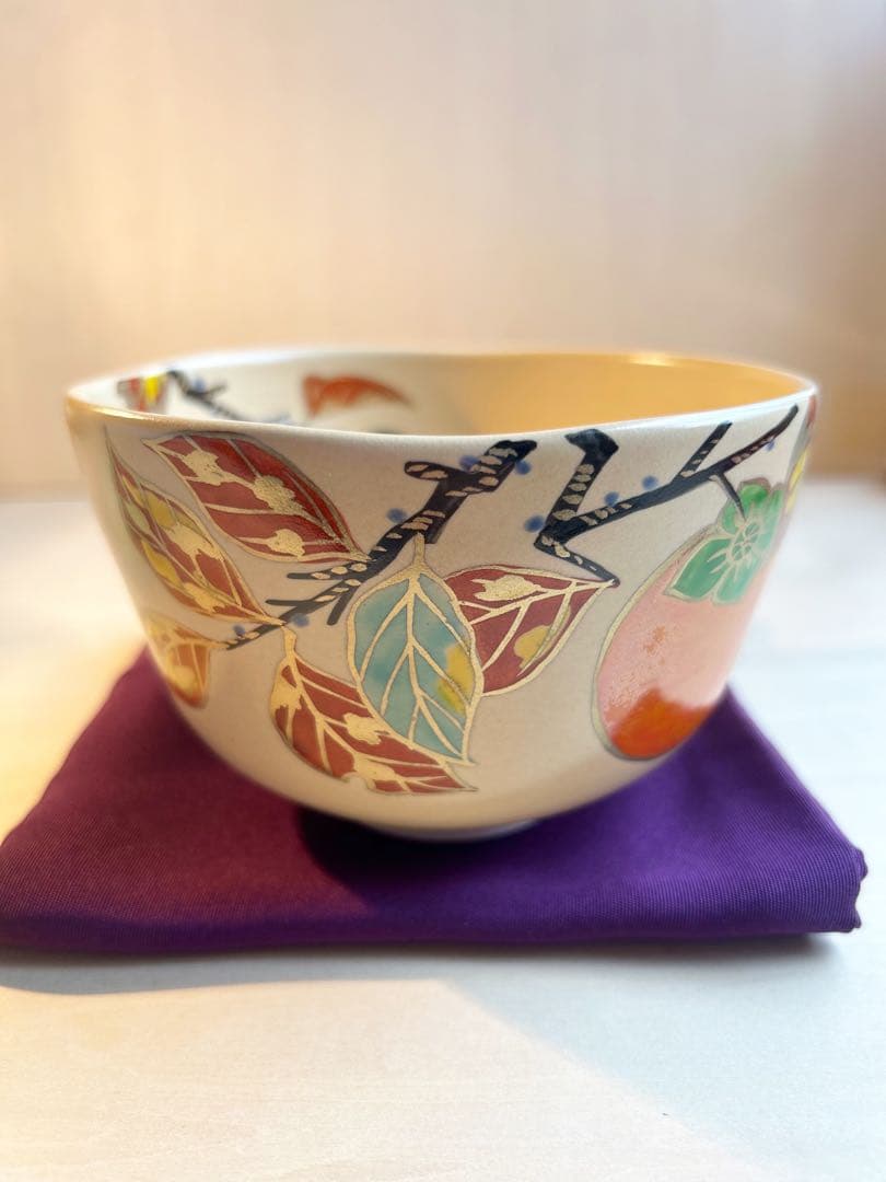 京焼　色絵　柿　木守り　抹茶茶碗　茶道具