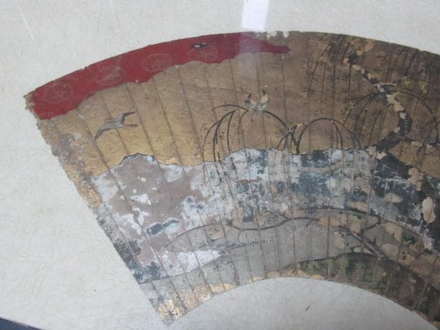 美品 江戸初期1600年頃 額装◆狩野派 狩野永徳 狩野尚信『梅に鳥』扇 大和絵