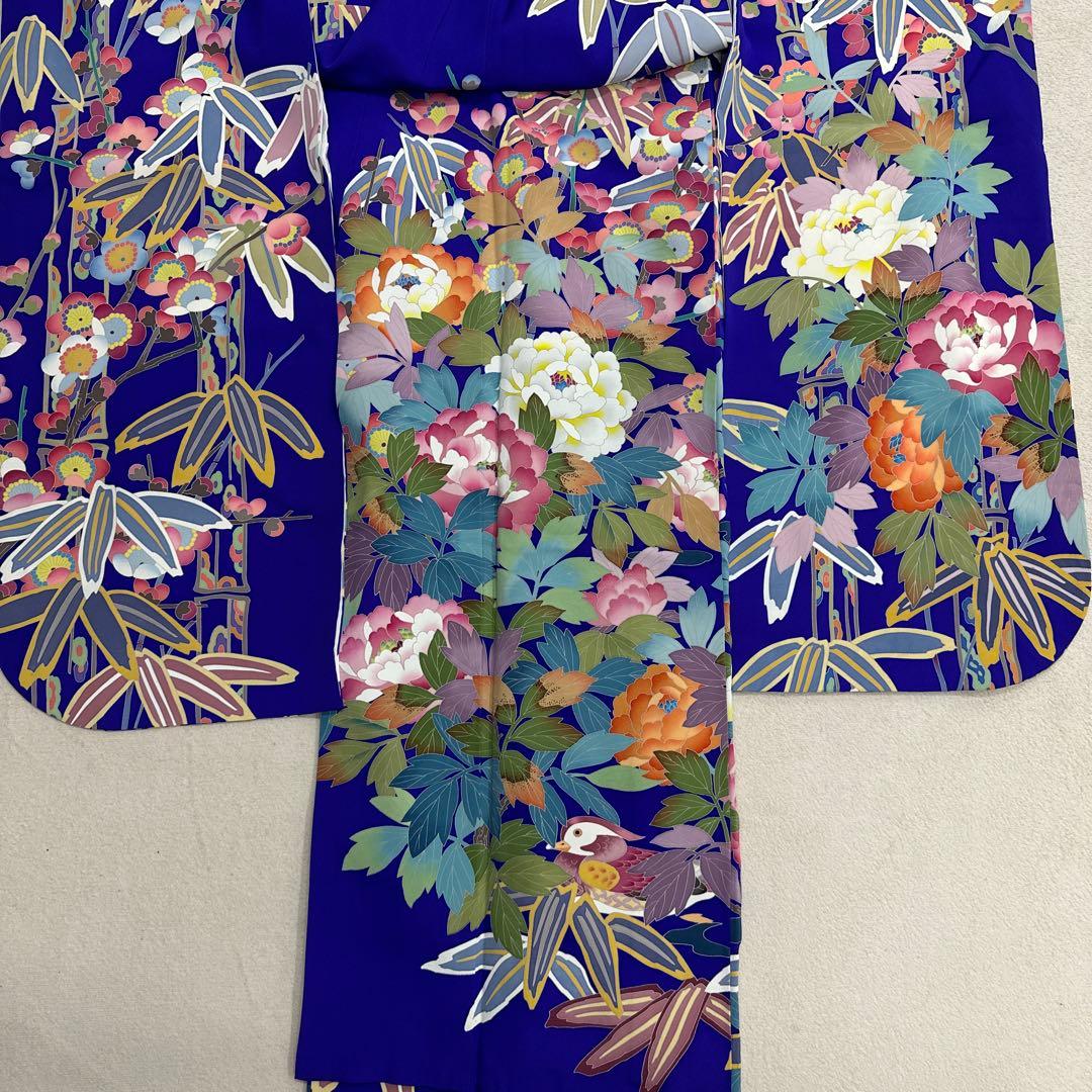 売り切り 青紫 手描き友禅 笹 牡丹 鴛鴦 振袖 落款あり