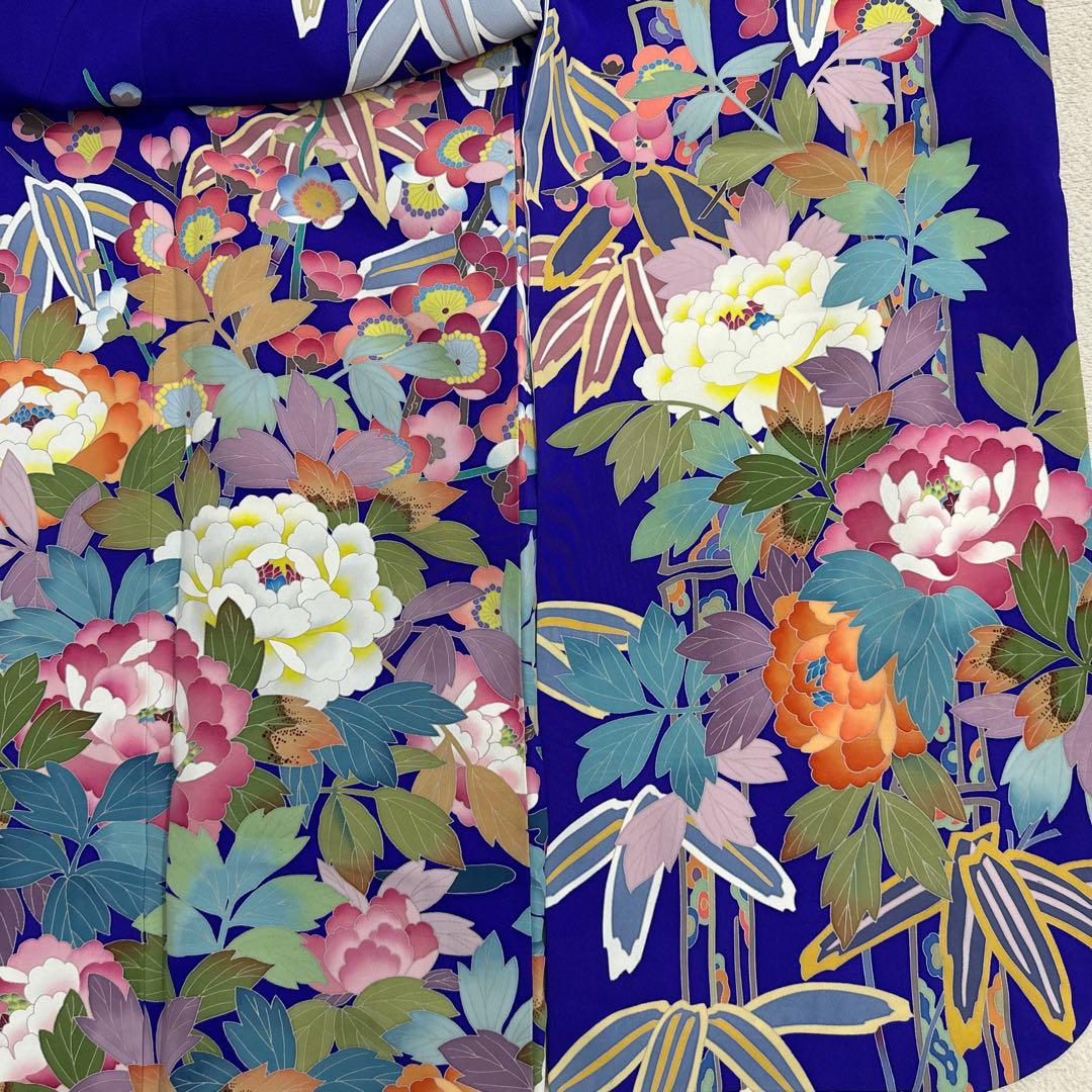 売り切り 青紫 手描き友禅 笹 牡丹 鴛鴦 振袖 落款あり