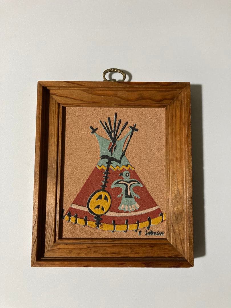 ネイティブアメリカン　ティピー（移動式住居）が描かれた額入りの砂絵　木製フレーム