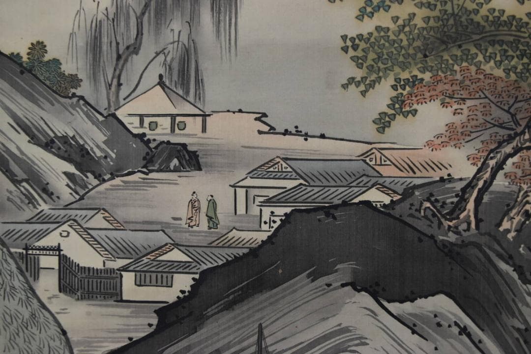 【真作】橋本雅邦/山水人物図/秋景山水図/掛軸/名家伝来/AA-233