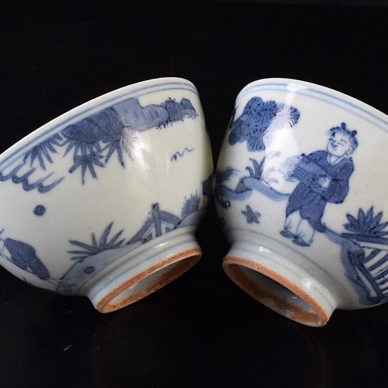 金山　中国　大明萬暦年製　青花山水人物文茶碗　2点　C　8164E