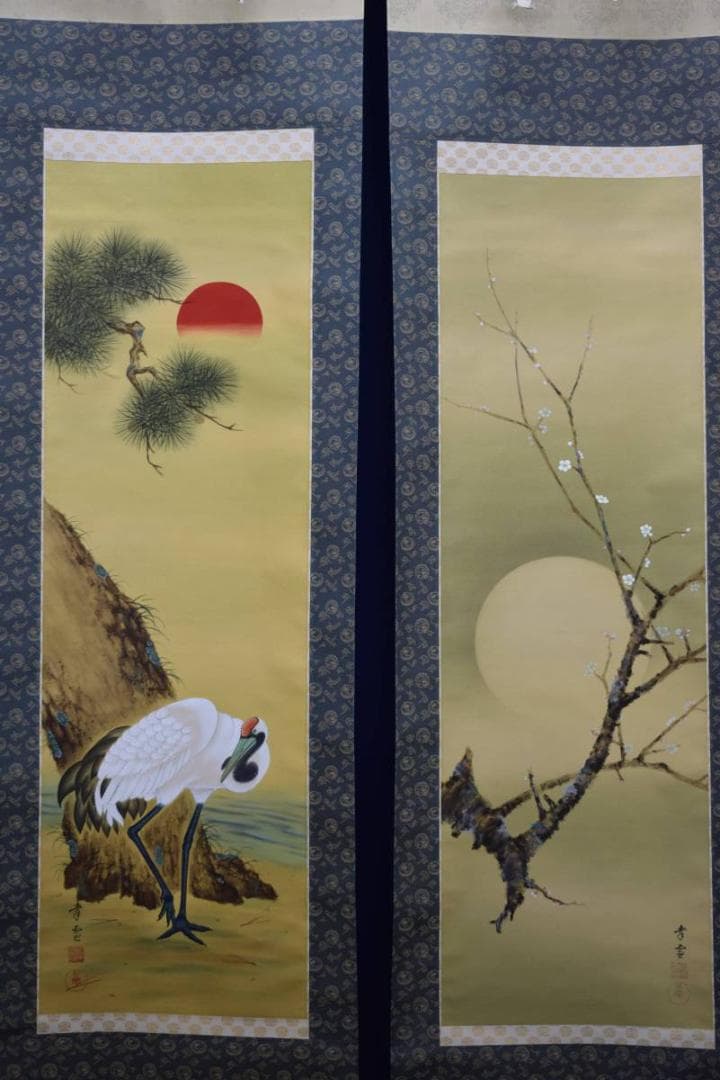 真作/国井幸雪/國井幸雪/日月/梅鶴図/双幅/桐共箱付/布袋屋掛軸HE-273