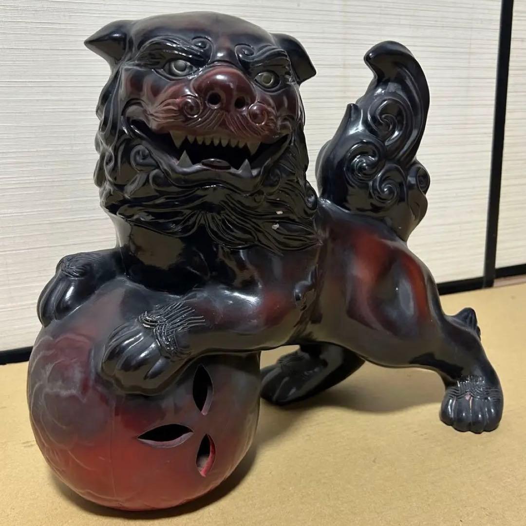 大迫力 32cm 玉乗り獅子 縁起 獅子 シーサー 陶器 骨董 魔除け