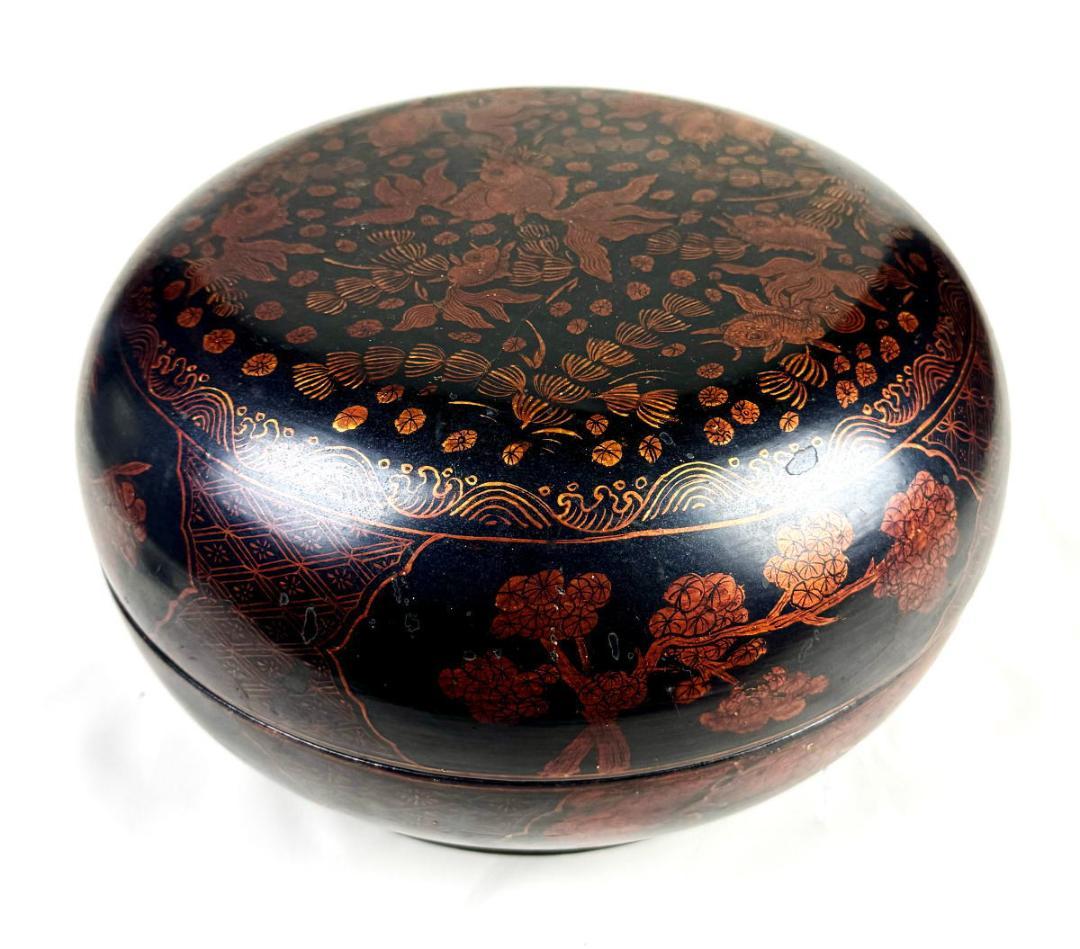 時代物 木製描金魚藻文蒔絵喰籠 菓子器 約直径32cm 漆器 骨董WWWT073