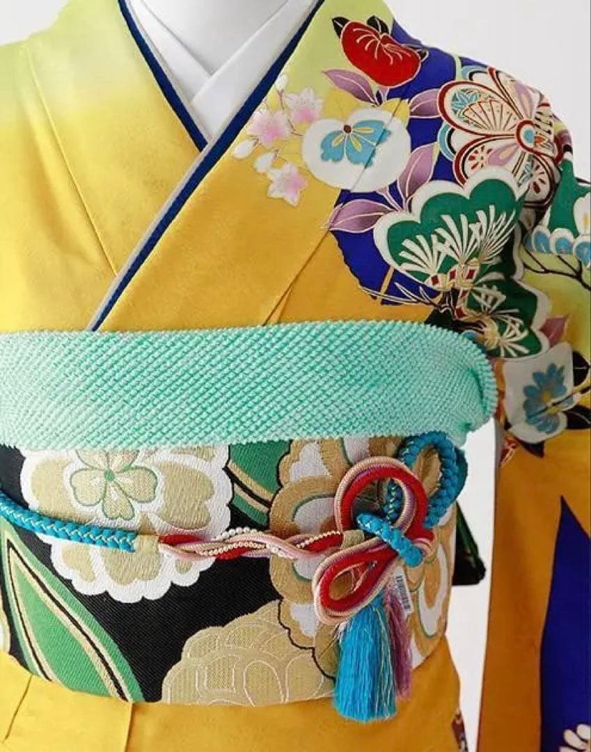 振袖 身長158-173cm 黄 矢絣 牡丹 松竹梅 正絹