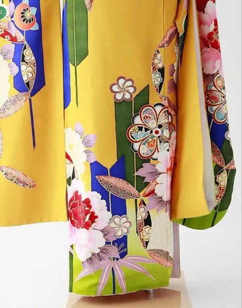 振袖 身長158-173cm 黄 矢絣 牡丹 松竹梅 正絹
