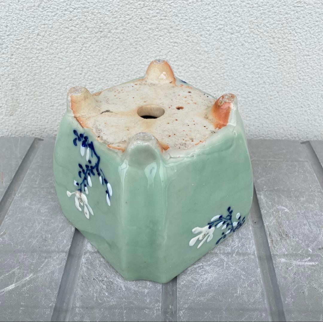 尾張焼 瀬戸焼 青磁 梅柄 角形 盆栽鉢 盆栽 植木鉢