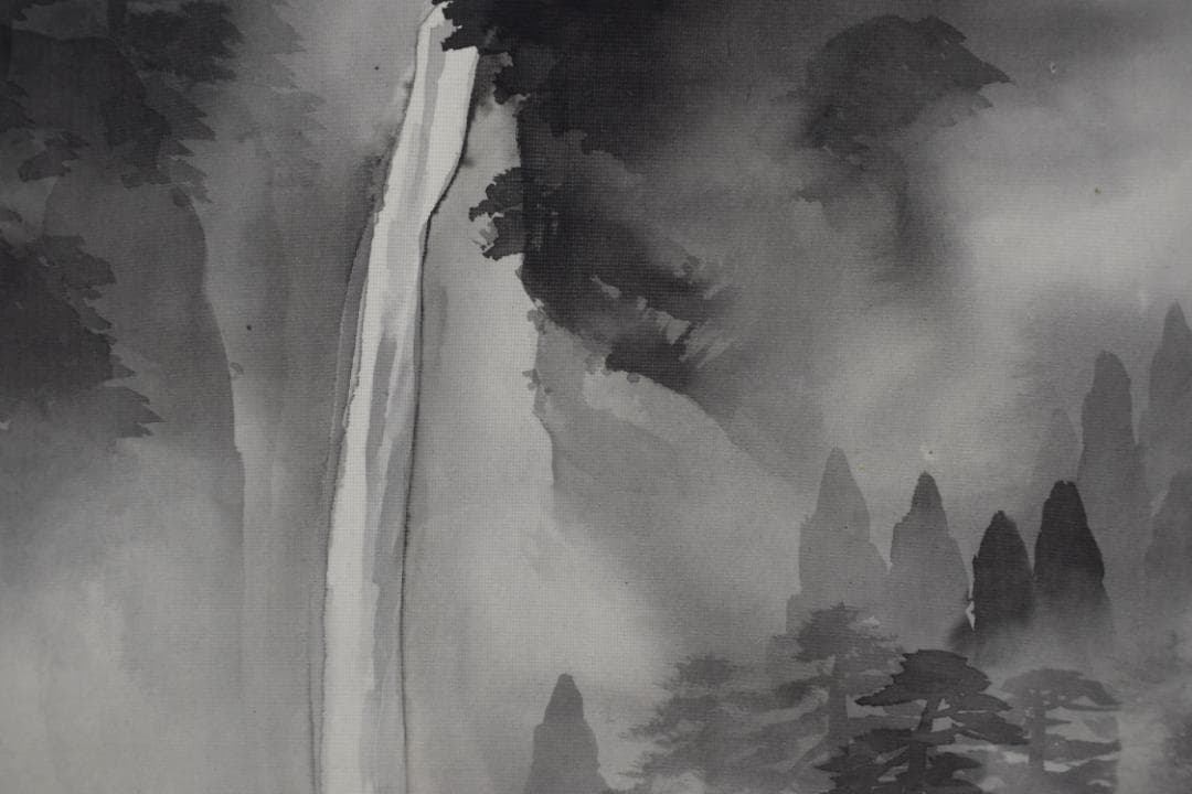 【真作】土生勝宣/水墨山水図/滝山水図/掛軸☆宝船☆Y-754　JM