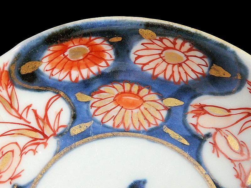 古伊万里　染錦　鶉に菊の図　４寸皿　３枚　D187A-fbve