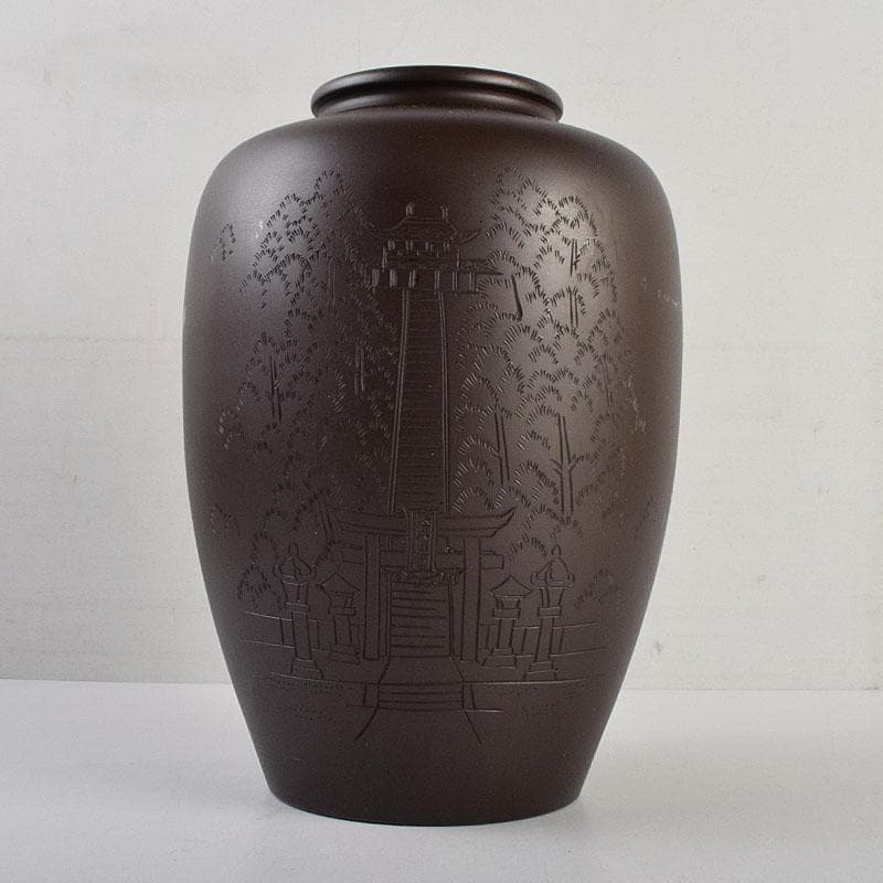 般若勘渓造　鋳銅　昌龍刻　志波彦神社・鹽竈神社絵　花瓶　共箱　N　R9397H