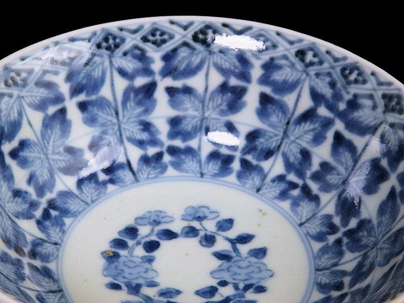 古伊万里　染付　牡丹葉繋ぎ紋　膾皿　春寒鉢　江戸期　C617AS-CVp