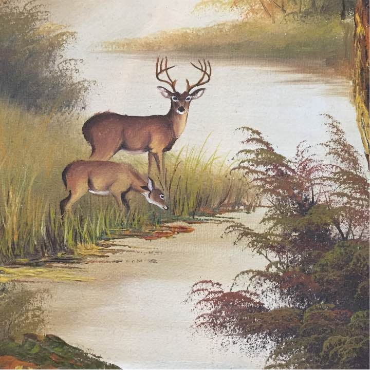 シカの親子 絵画 　アート　インテリア　元大道芸のフランス人より