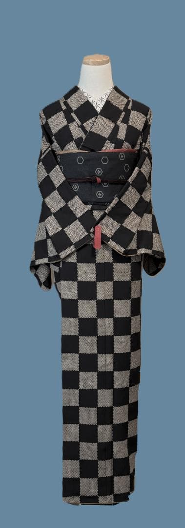 専用:着物５　嵐山よしむら　市松柄袷着物　こげ茶　正絹　身丈１６８裄丈６８