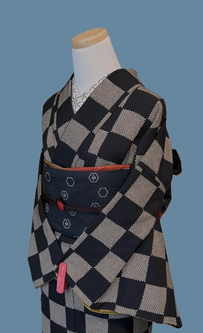 専用:着物５　嵐山よしむら　市松柄袷着物　こげ茶　正絹　身丈１６８裄丈６８