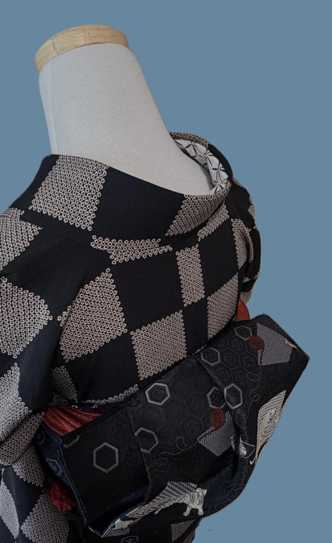 専用:着物５　嵐山よしむら　市松柄袷着物　こげ茶　正絹　身丈１６８裄丈６８