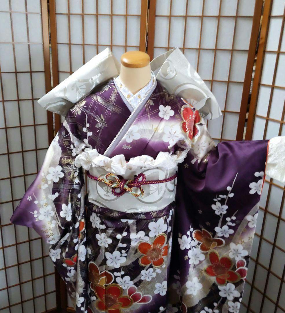 463紫　華やか 古典柄　金彩 正絹振袖6点フルセット成人式卒業式謝恩会結婚式
