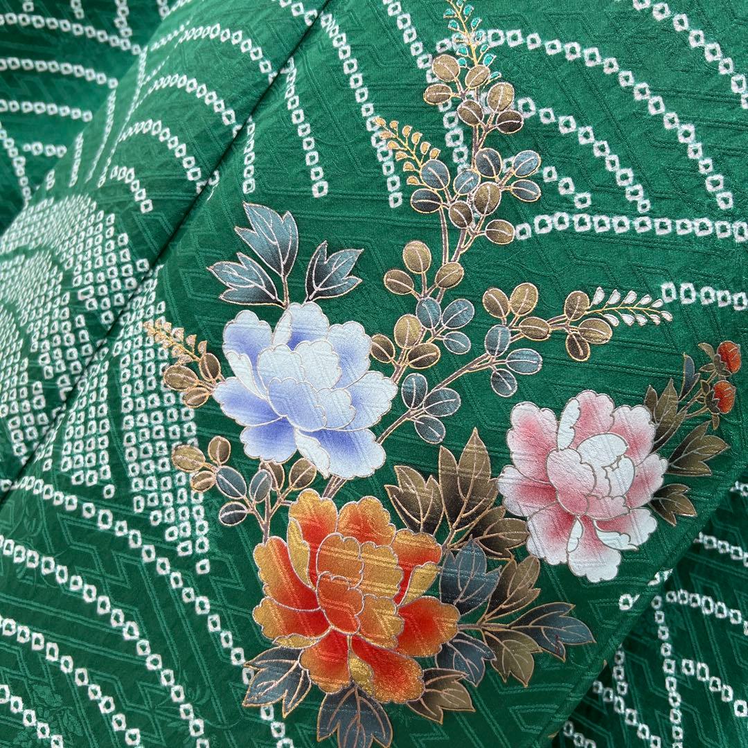 369 振袖フルセット 正絹 緑 橙 グリーン 絞り 金銀彩 古典 レトロ 長身