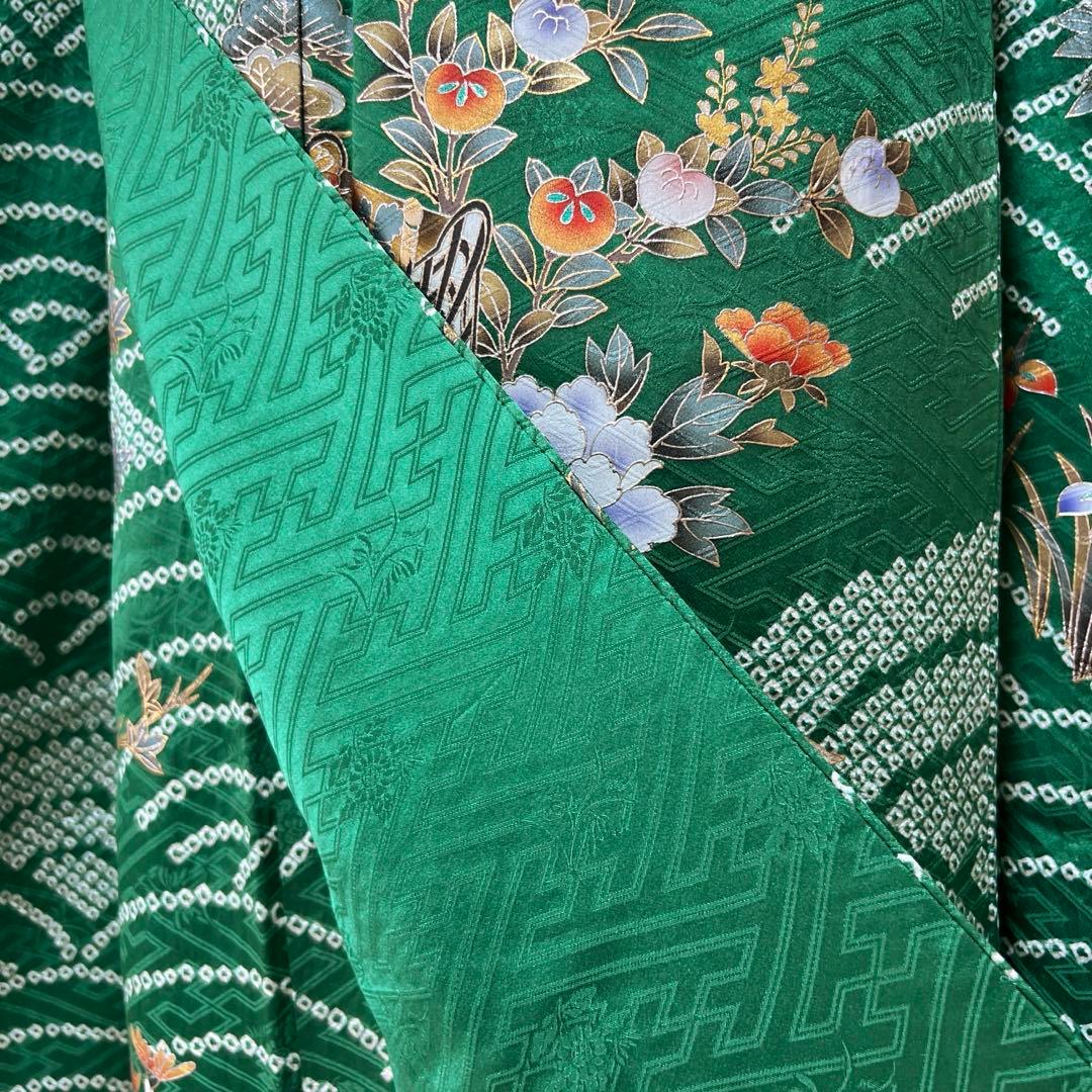 369 振袖フルセット 正絹 緑 橙 グリーン 絞り 金銀彩 古典 レトロ 長身