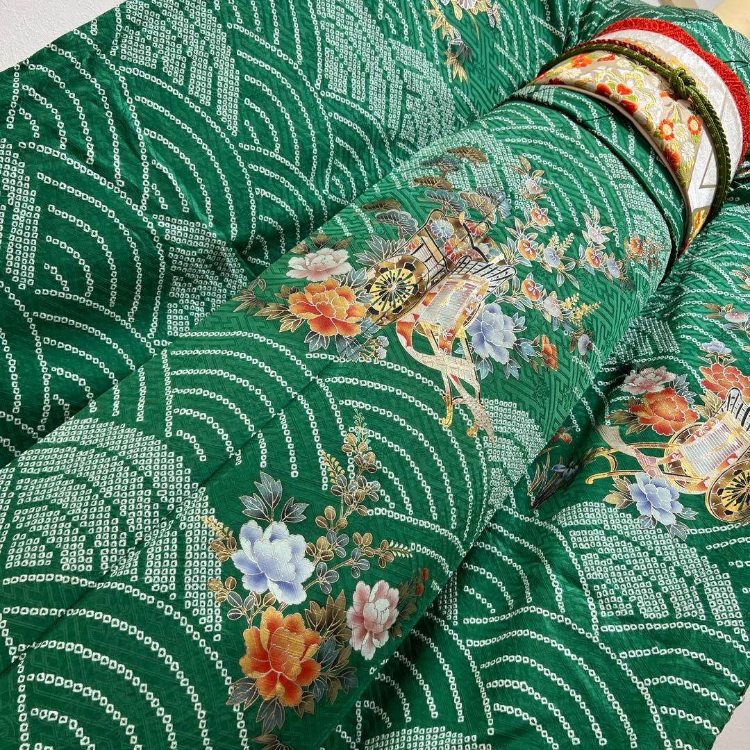 369 振袖フルセット 正絹 緑 橙 グリーン 絞り 金銀彩 古典 レトロ 長身