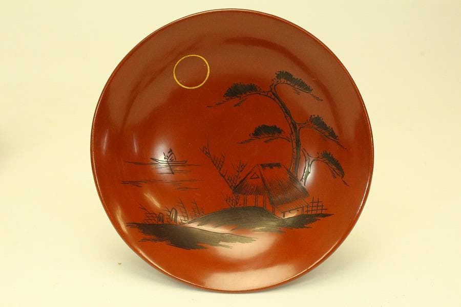 輪島塗 朱漆 沈金黒 風景蓋 八客(ZE460)