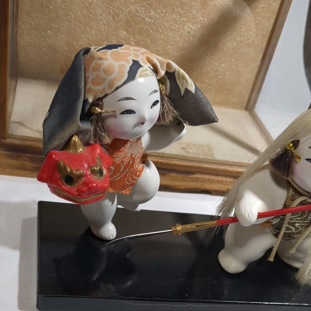 加賀人形 伝統工芸 獅子舞と薙刀 男童 ガラスケース付 昭和レトロ 旧家保管品